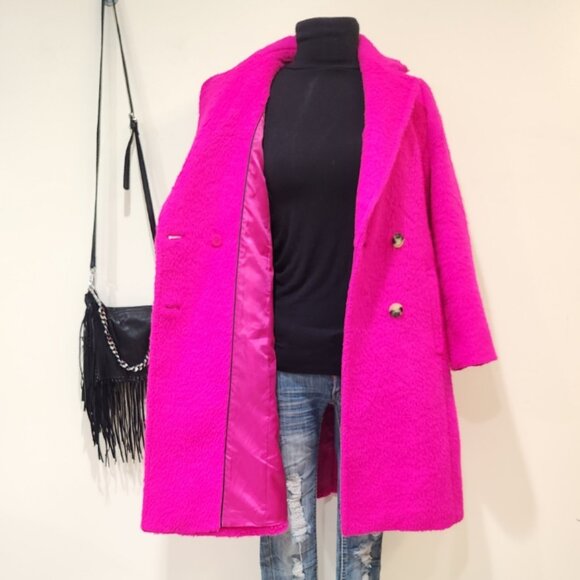 💥UBER GORGE!💥Tailored Double-Breasted Brushed Wool Blend Coat in Fuchsia Pink - Picture 12 of 15